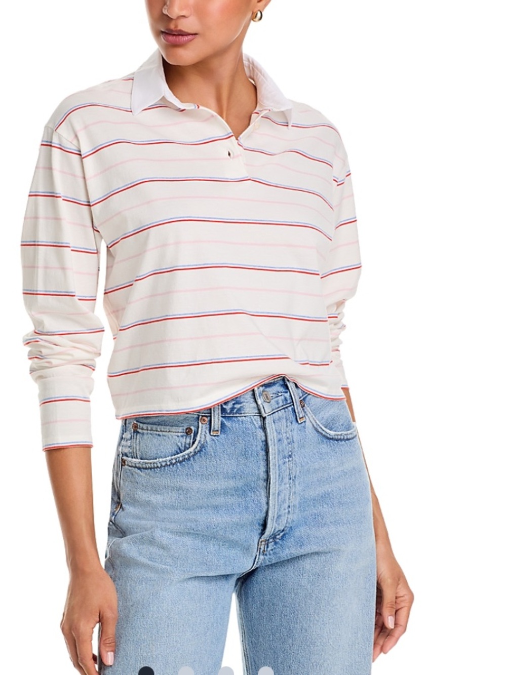 KULE White Long-Sleeve Polo with Red and Navy Stripes crop small Lexie